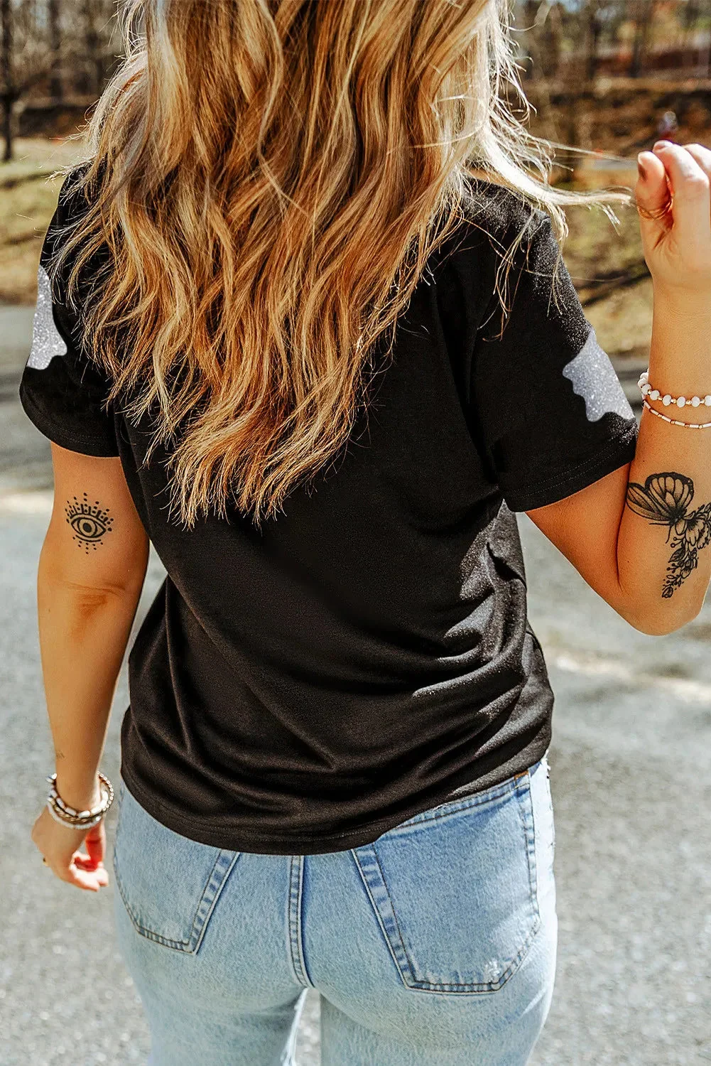 Glitter Sheer Round Neck T-Shirt in Black