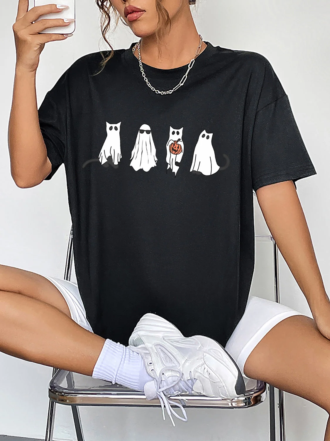 Ghost Graphic Black T-Shirt | Sheer Details & Comfort Fit