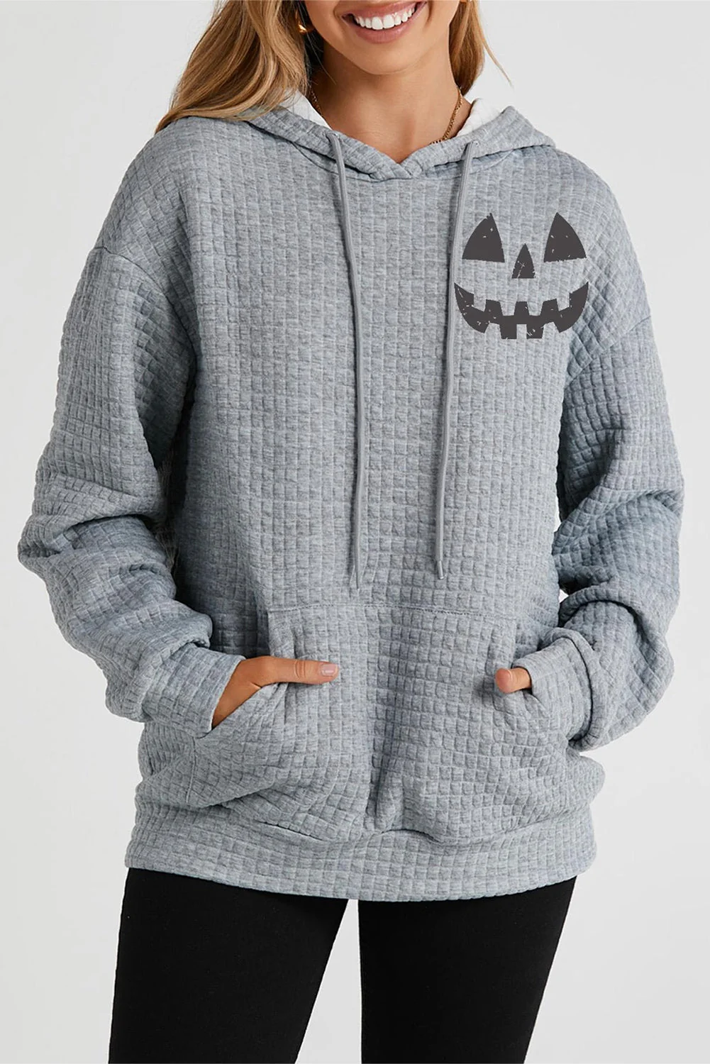 Cozy Pumpkin Face Drawstring Hoodie with Pocket