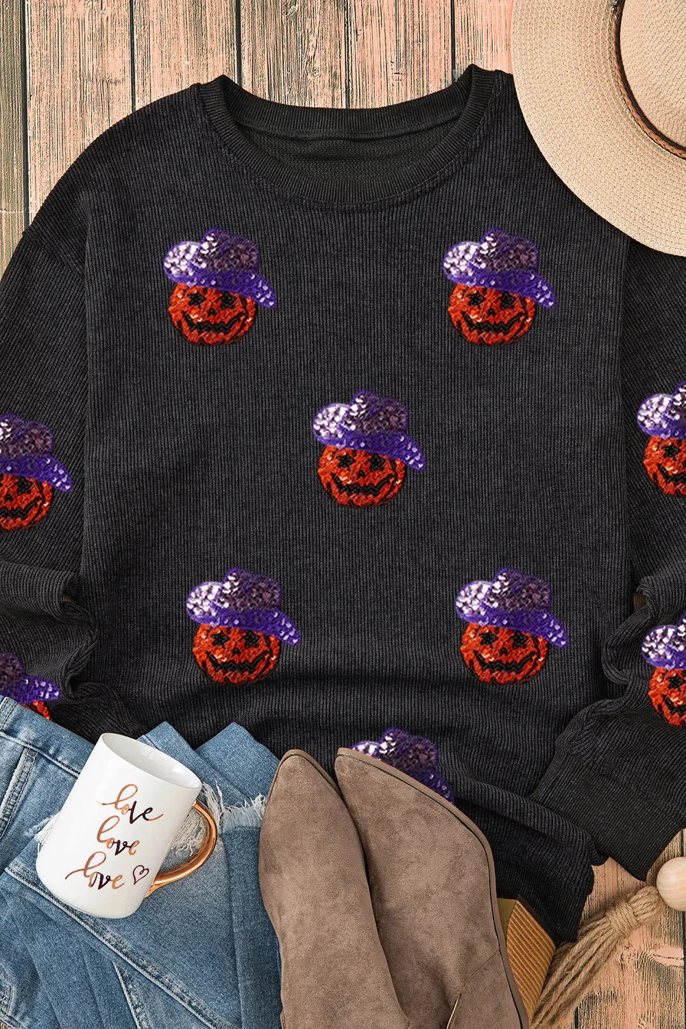 Black Sequin Pumpkin Sweatshirt