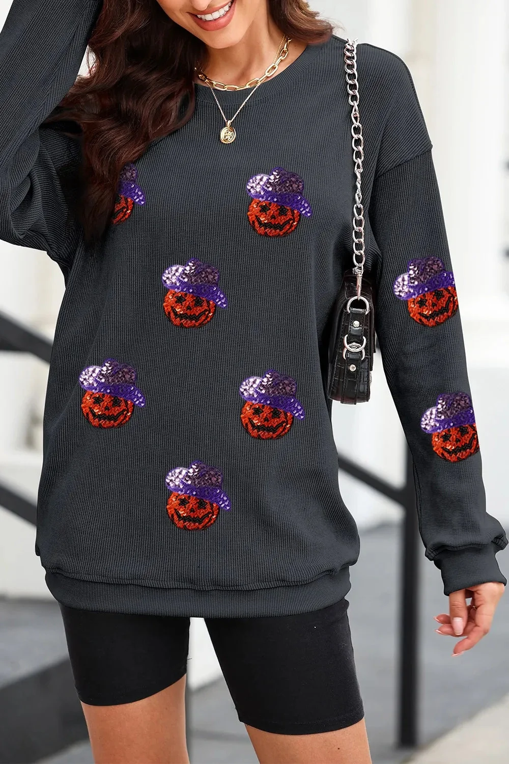 Black Sequin Pumpkin Sweatshirt