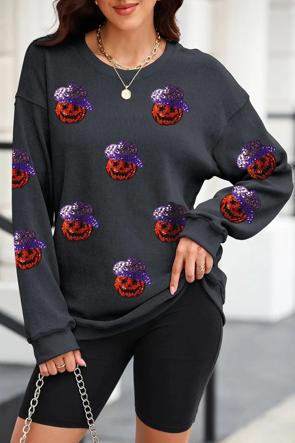 Black Sequin Pumpkin Sweatshirt