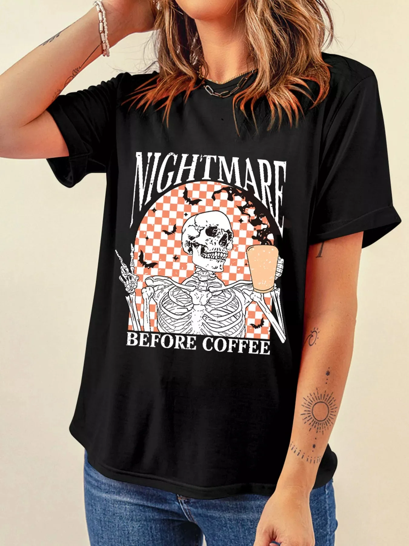 Halloween Skull Graphic Tee in Checkerboard Design