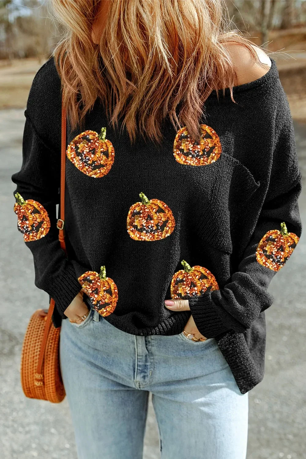 Black Sequin Round Neck Sweater