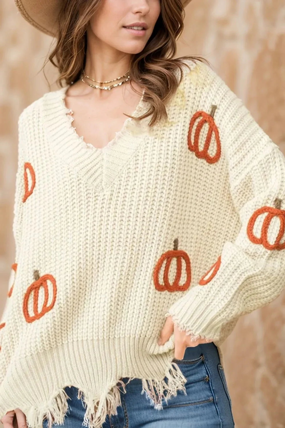 Beige V-Neck Long Sleeve Sweater - Raw Hem Stylish Design