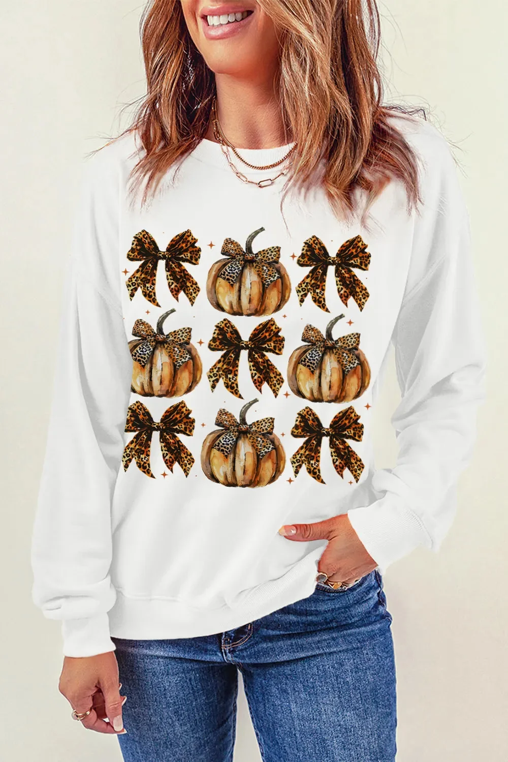 Cute Pumpkin Graphic Long Sleeve Sweatshirt in White