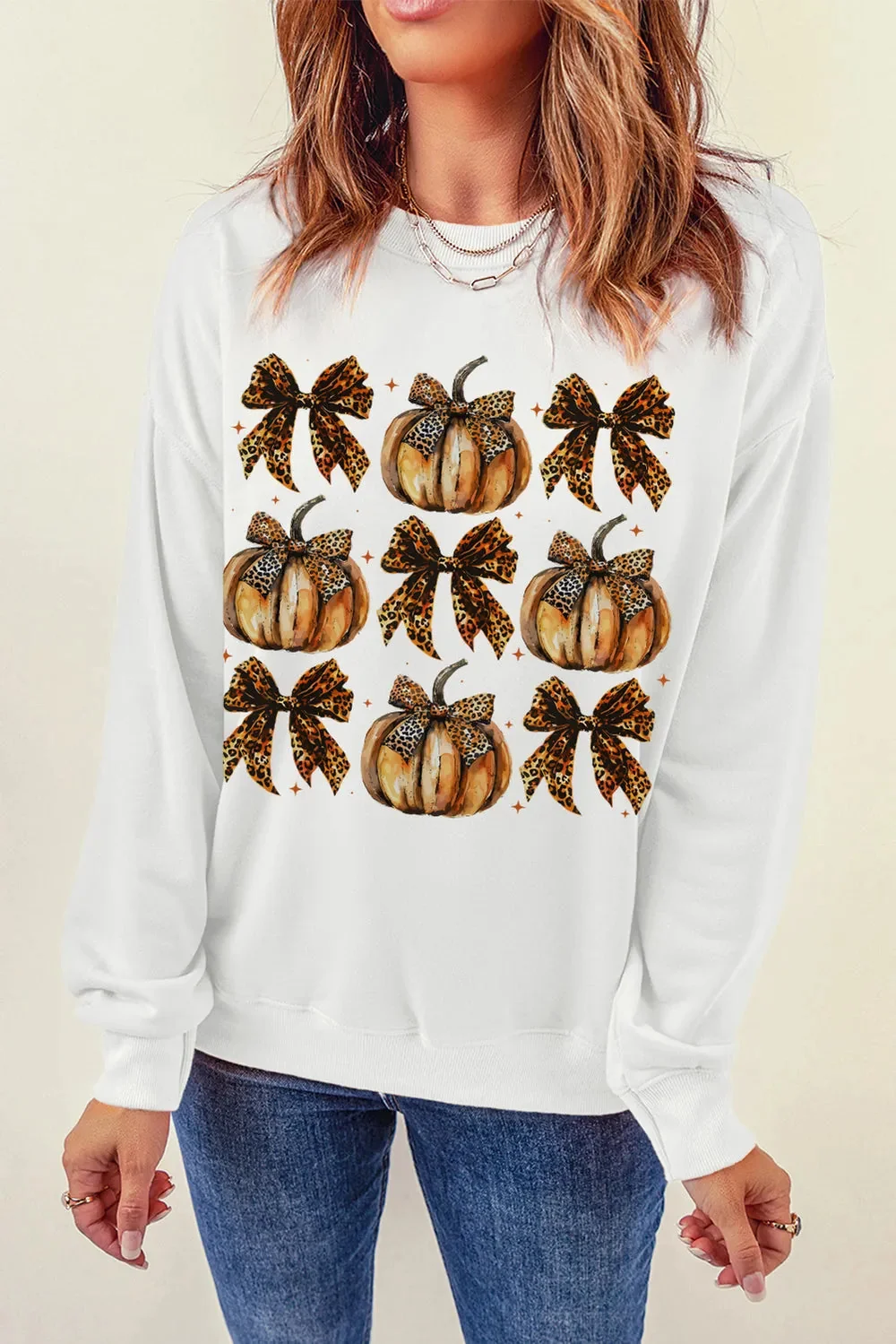Cute Pumpkin Graphic Long Sleeve Sweatshirt in White