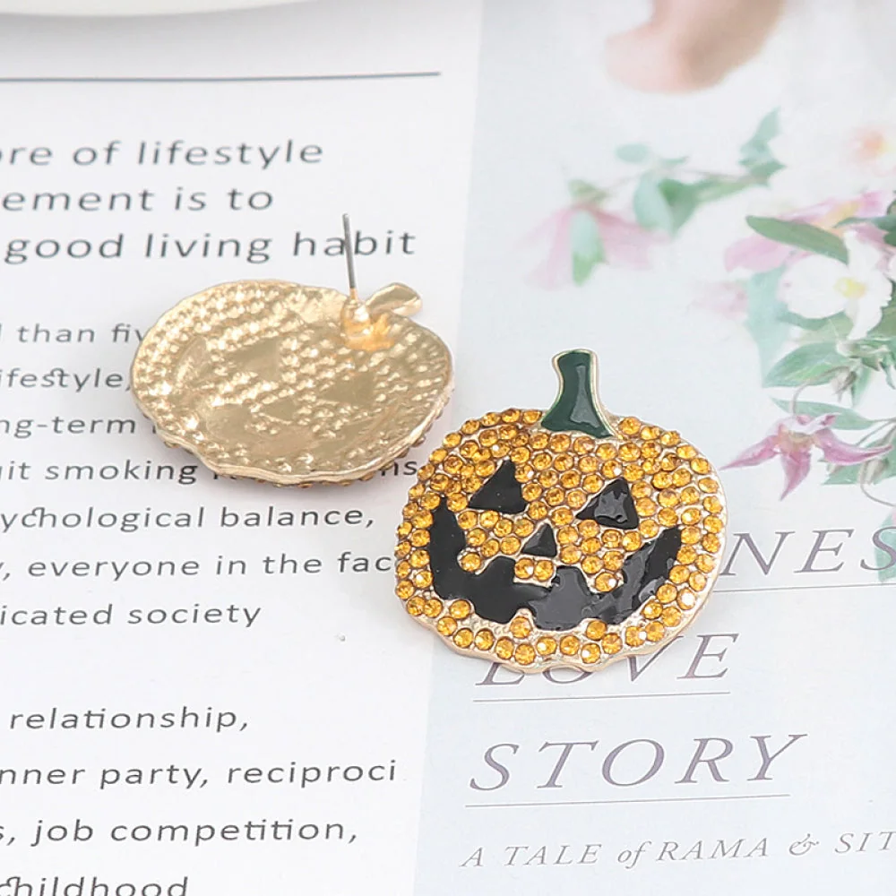 Rhinestone Pumpkin Halloween Earrings Yellow Deep Red Caramel Alloy