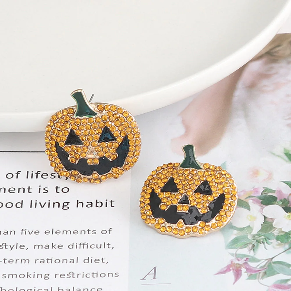 Rhinestone Pumpkin Halloween Earrings Yellow Deep Red Caramel Alloy