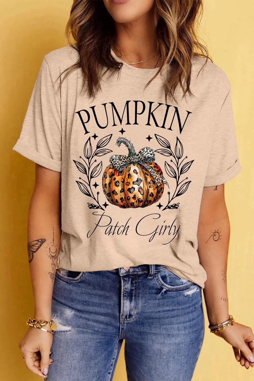 Pumpkin Graphic Short Sleeve Shirt Tan Color Womens Casual Wear