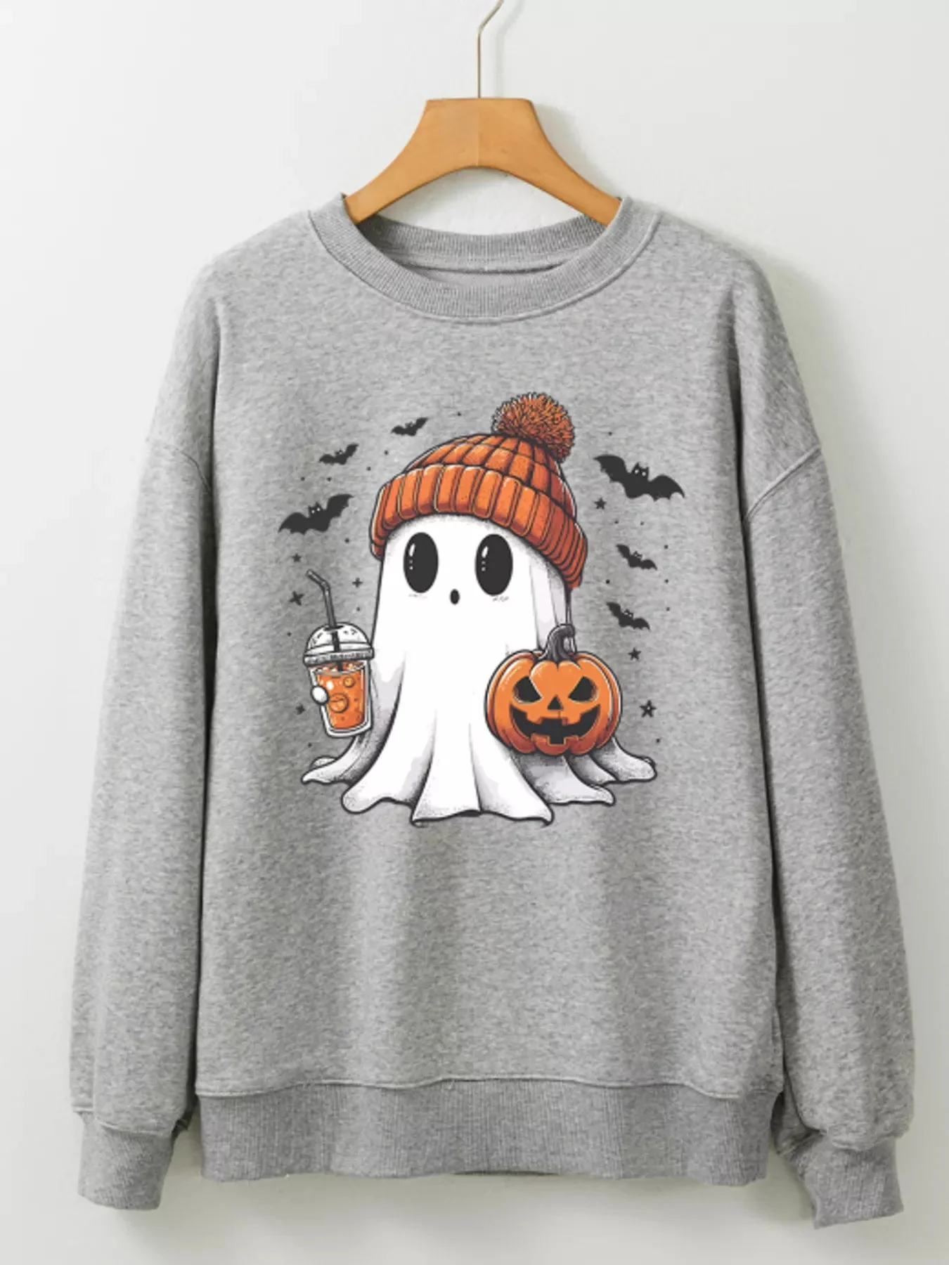 Ghost Halloween Sweatshirt Gray Basic Style