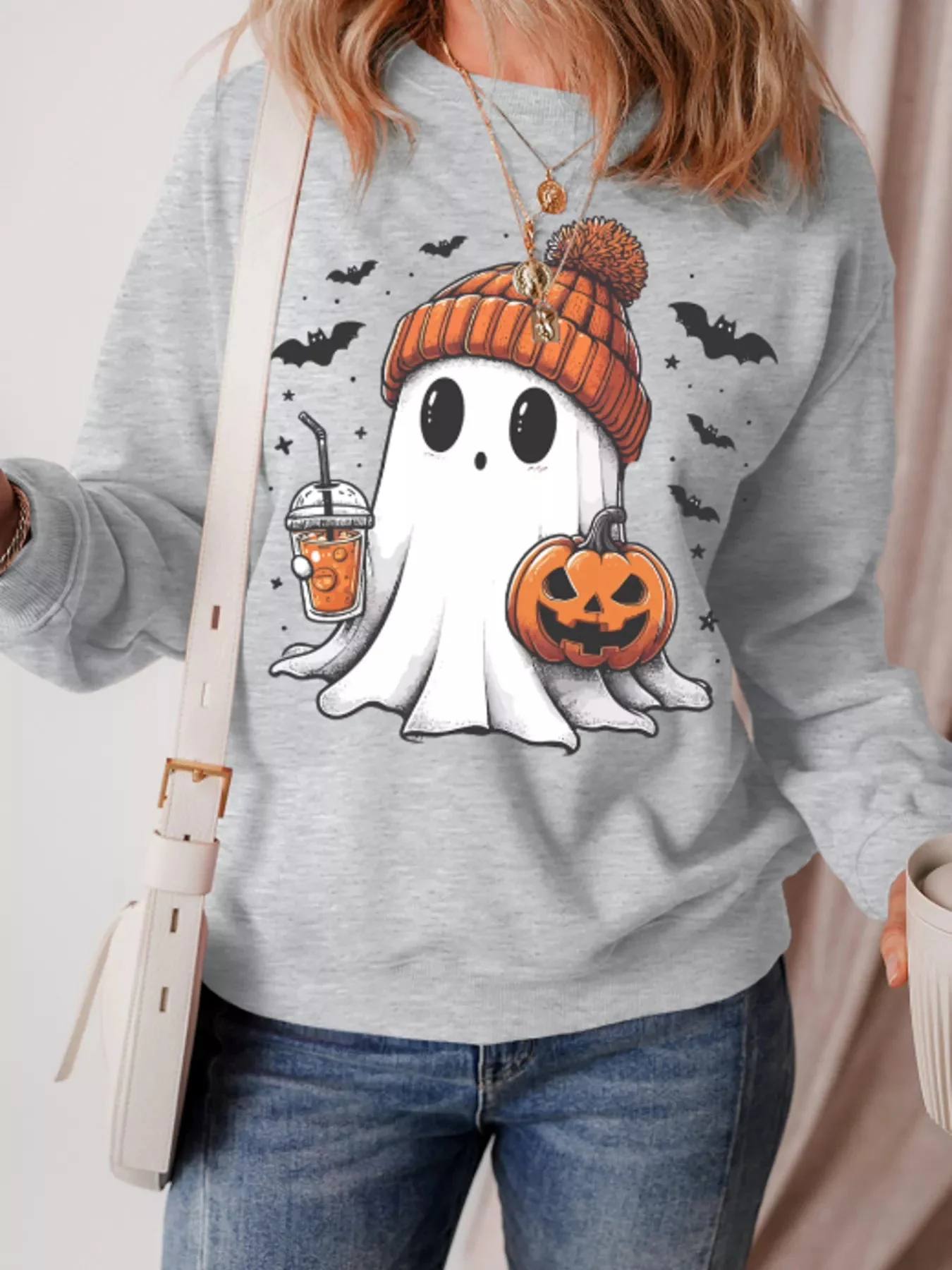 Ghost Halloween Sweatshirt Gray Basic Style