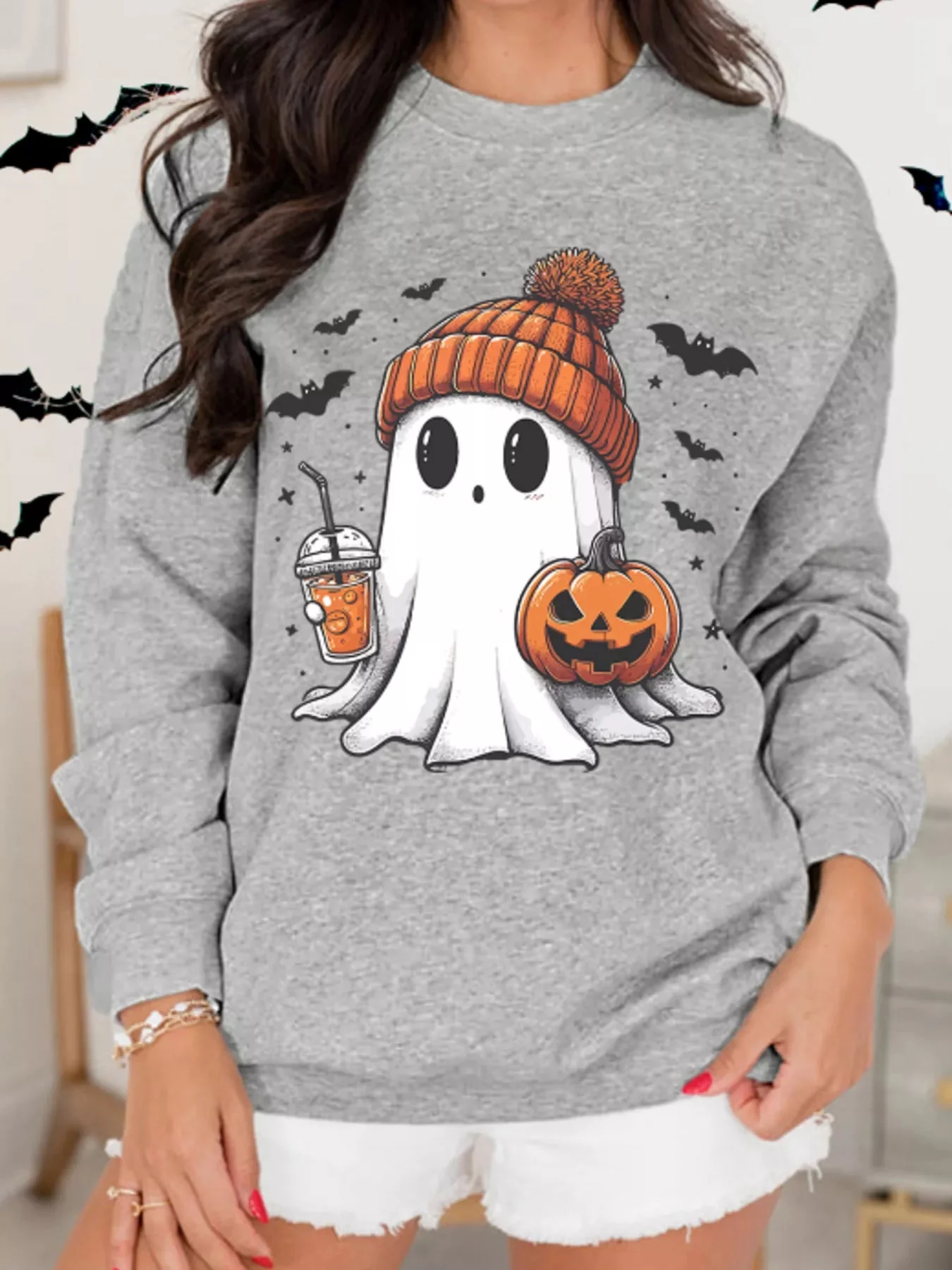 Ghost Halloween Sweatshirt Gray Basic Style
