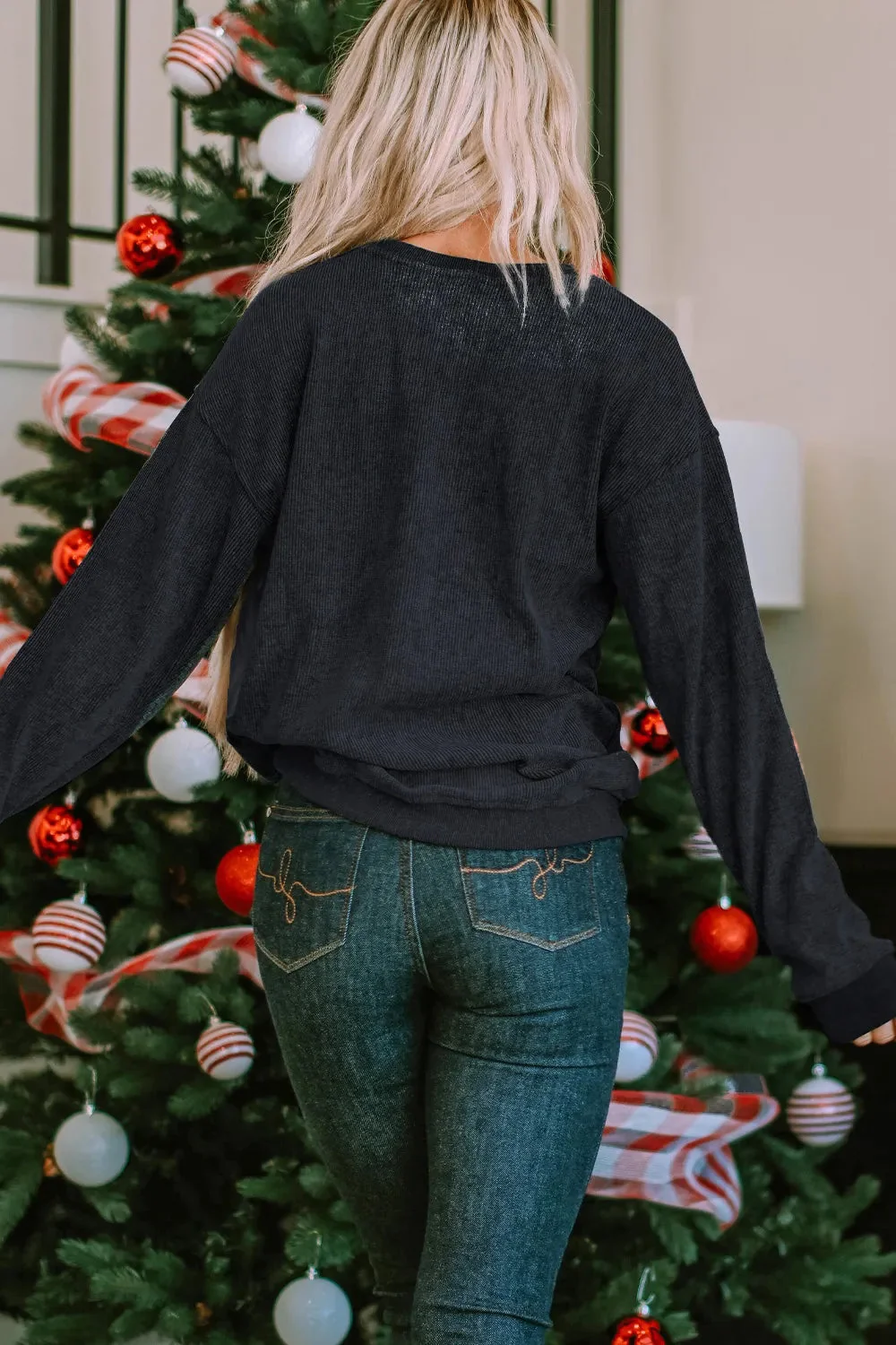 Sequin Patch Pumpkin Black Sweatshirt - Womens Stylish Casual Top