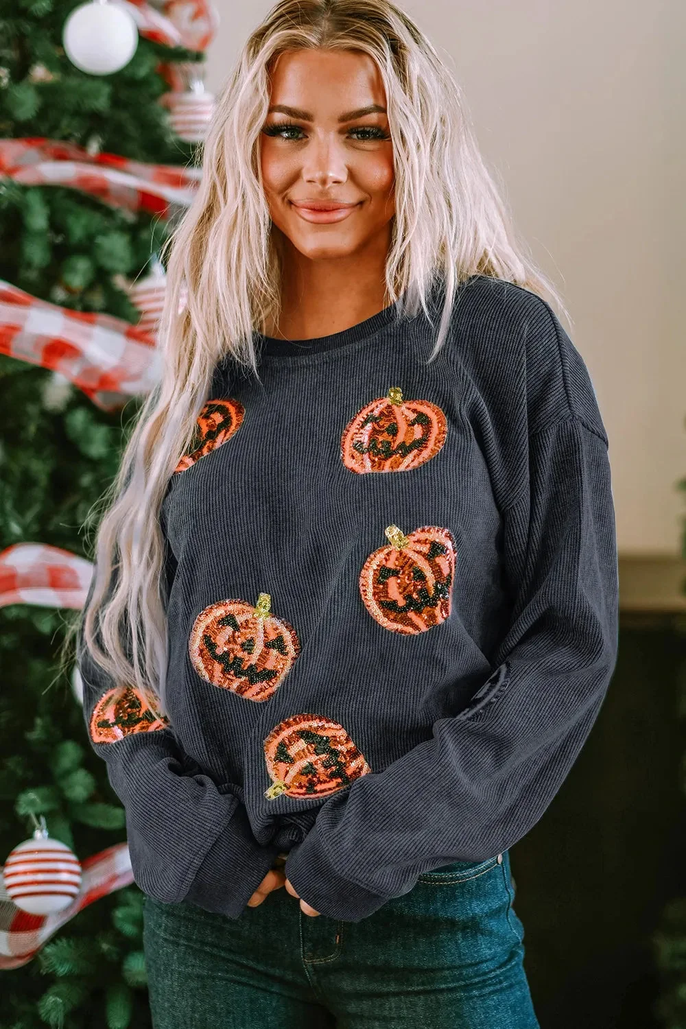 Sequin Patch Pumpkin Black Sweatshirt - Womens Stylish Casual Top