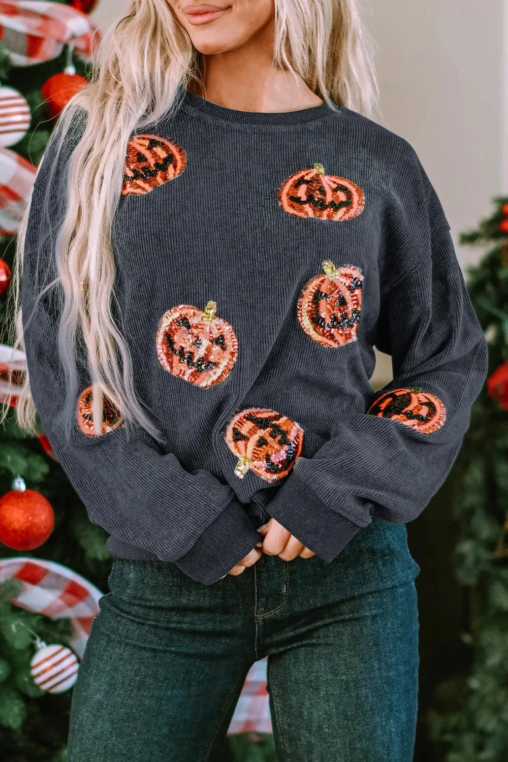 Sequin Patch Pumpkin Black Sweatshirt - Womens Stylish Casual Top