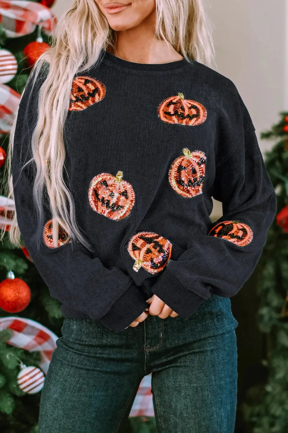 Sequin Patch Pumpkin Black Sweatshirt - Womens Stylish Casual Top