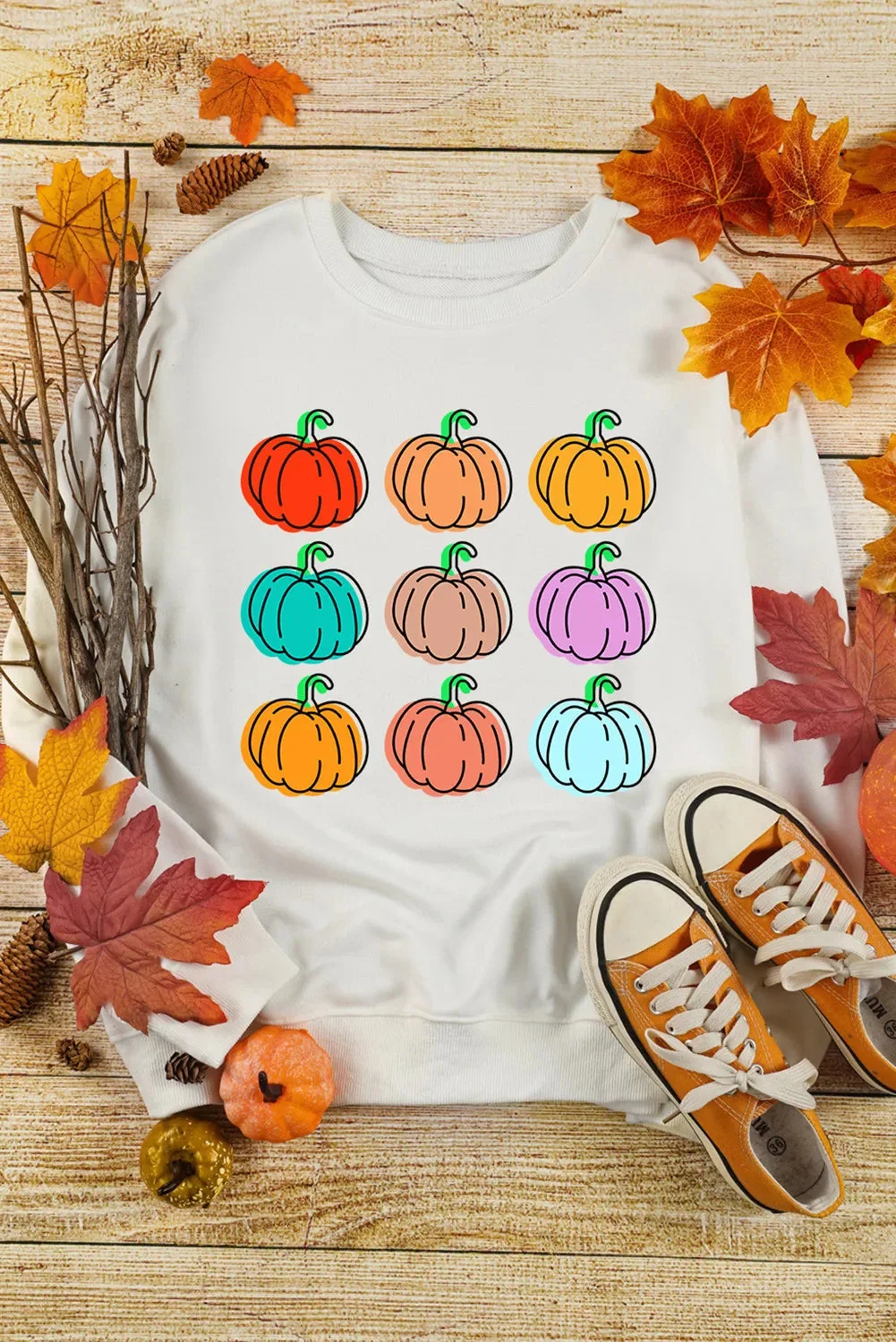 Pumpkin Graphic Long Sleeve White Sweatshirt Womens Fall Fashion