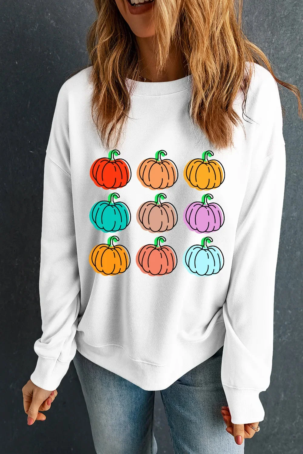 Pumpkin Graphic Long Sleeve White Sweatshirt Womens Fall Fashion