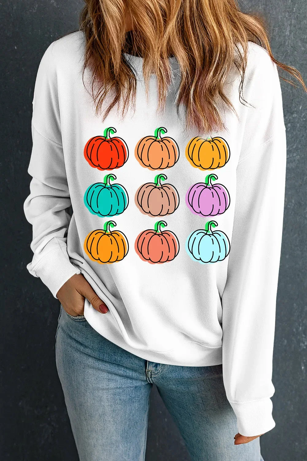 Pumpkin Graphic Long Sleeve White Sweatshirt Womens Fall Fashion