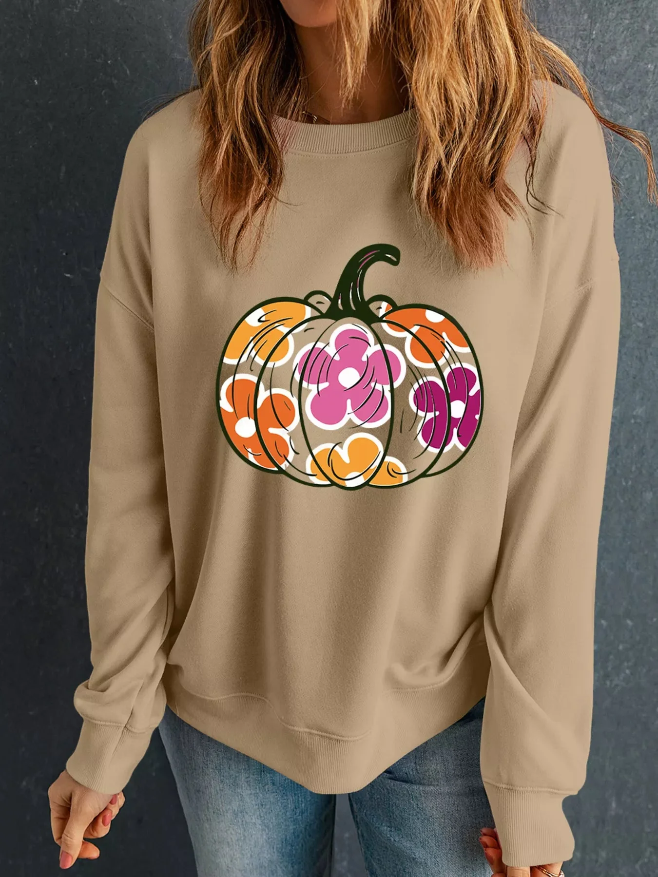 Floral Pumpkin Print Casual Sweatshirt