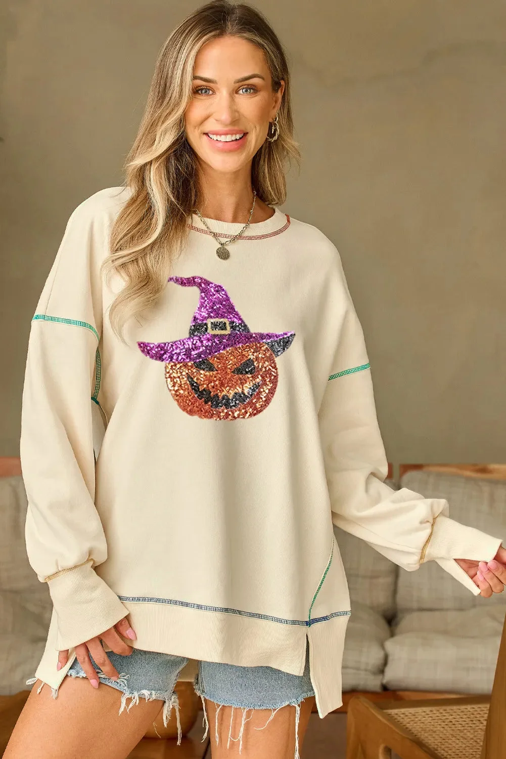 Sequin Pumpkin Long Sleeve Sweatshirt