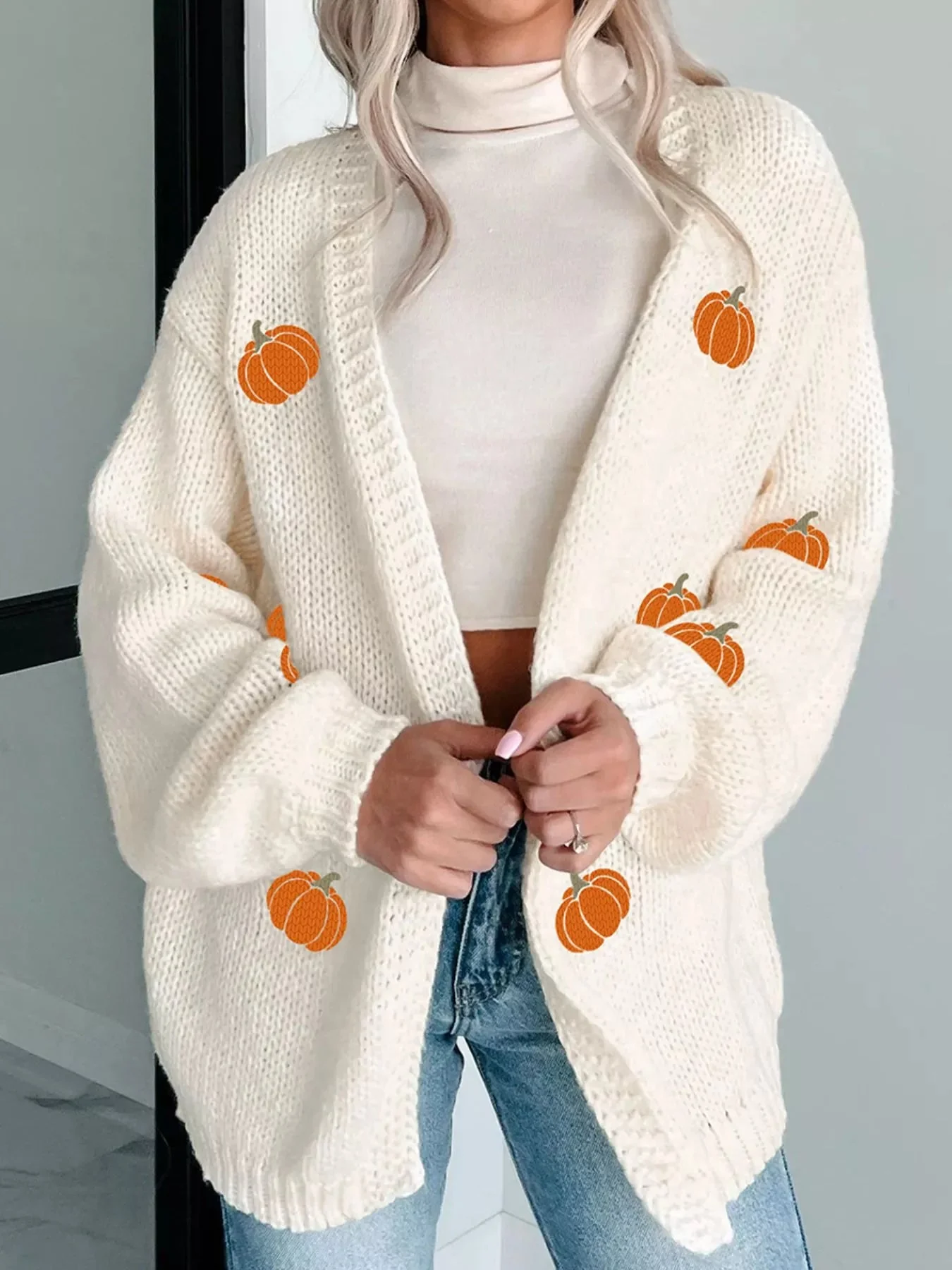 Pumpkin Embroidered Knit Cardigan Sweater in White
