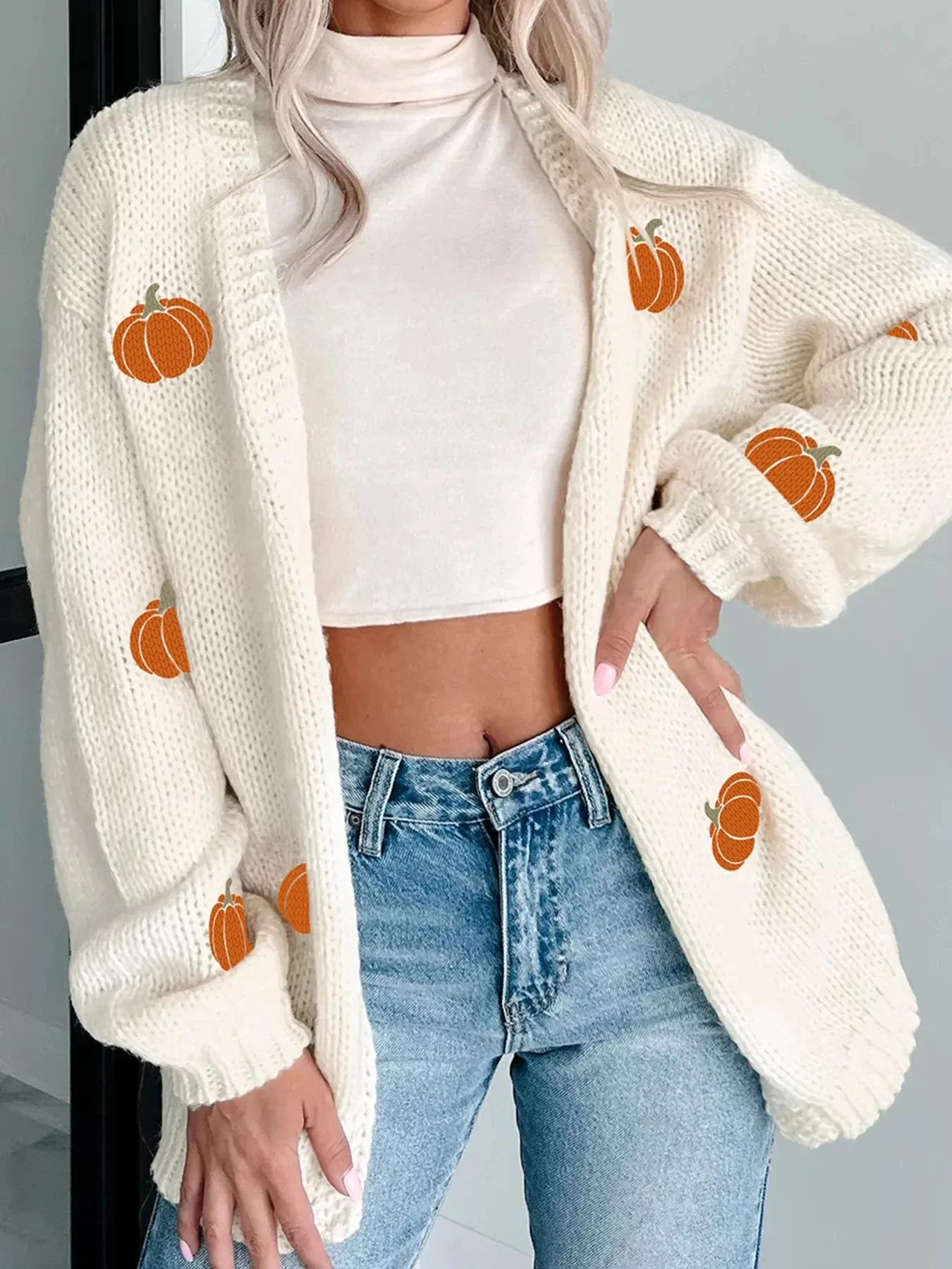 Pumpkin Embroidered Knit Cardigan Sweater in White