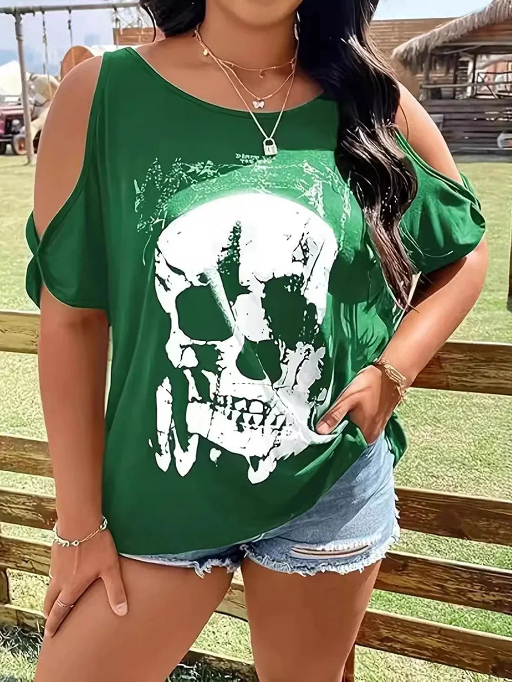 Womens Skeleton Graphic Cold Shoulder T-Shirt