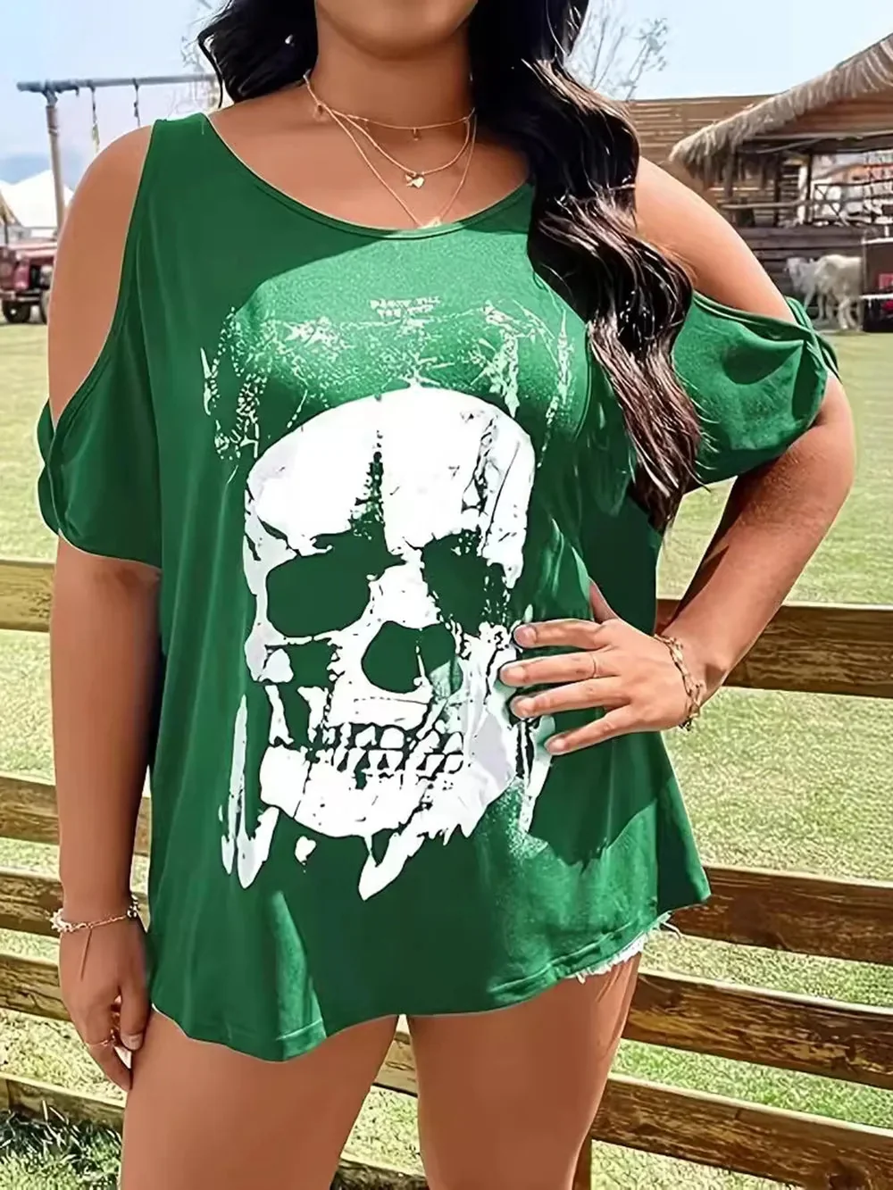 Womens Skeleton Graphic Cold Shoulder T-Shirt