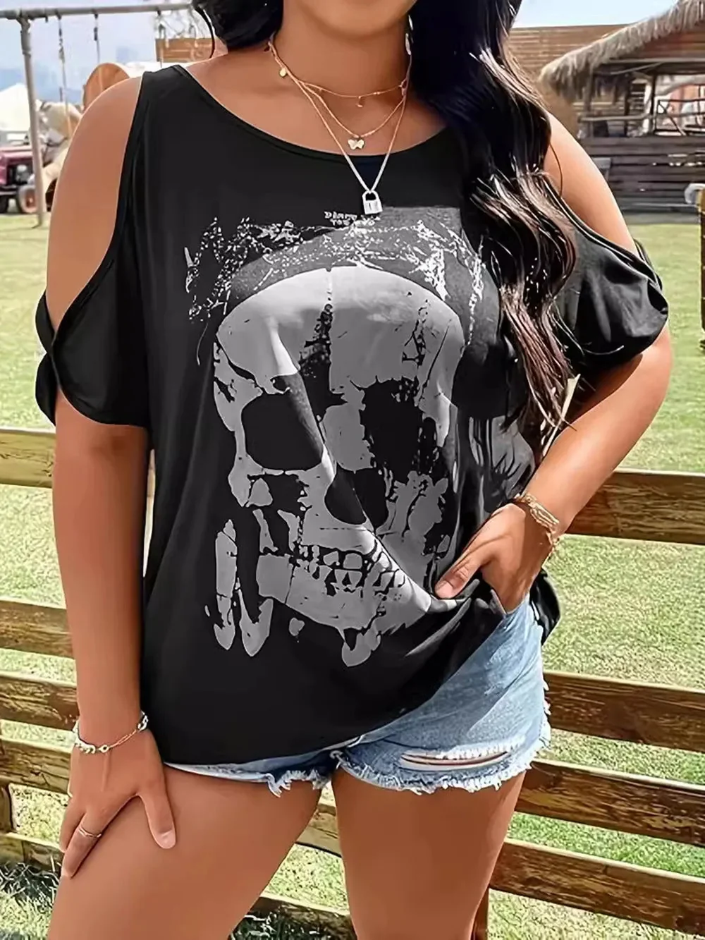 Womens Skeleton Graphic Cold Shoulder T-Shirt
