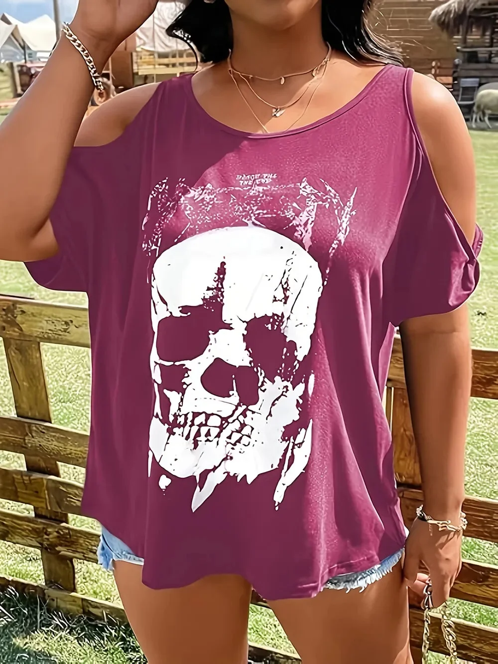Womens Skeleton Graphic Cold Shoulder T-Shirt