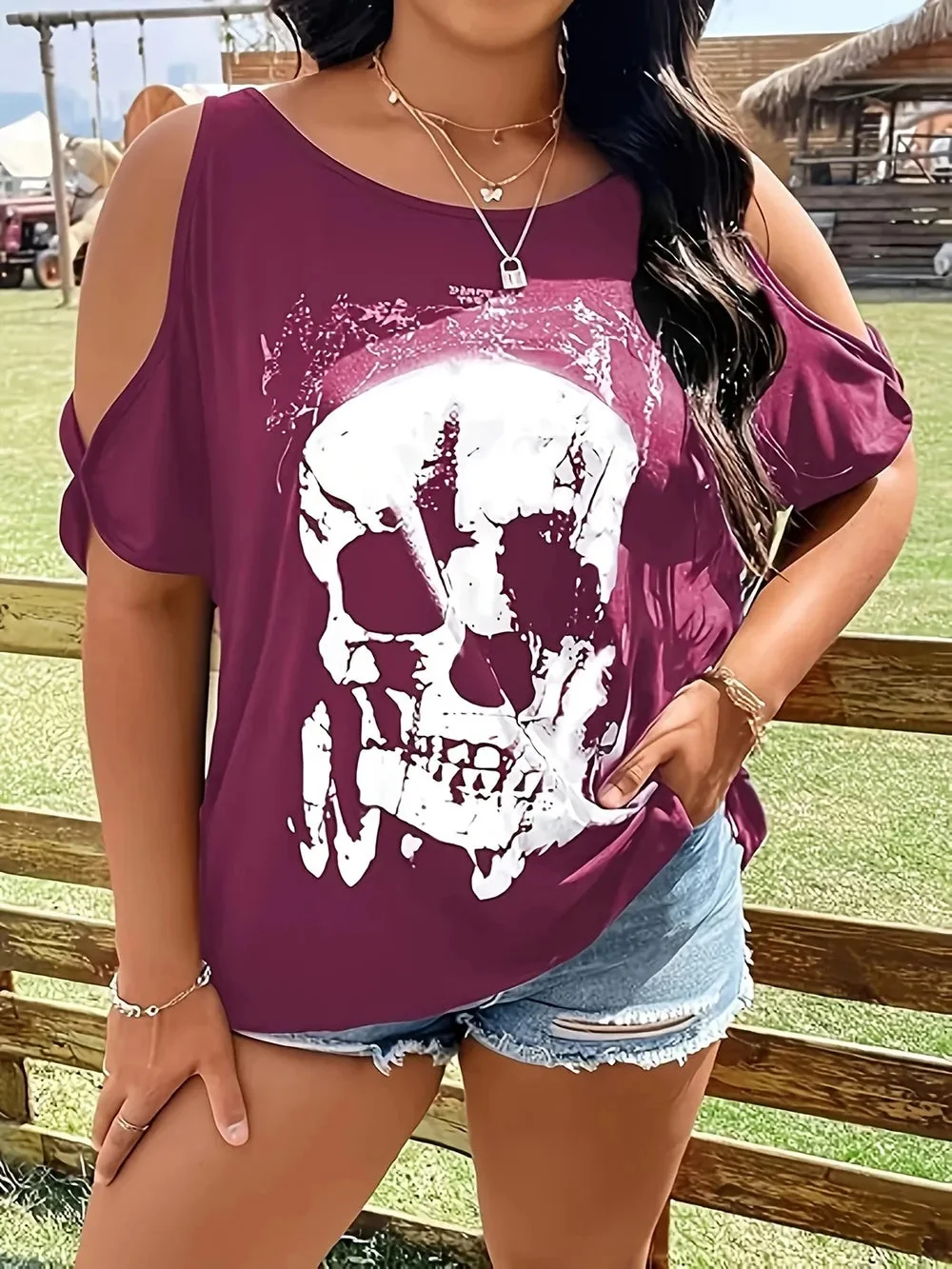 Womens Skeleton Graphic Cold Shoulder T-Shirt