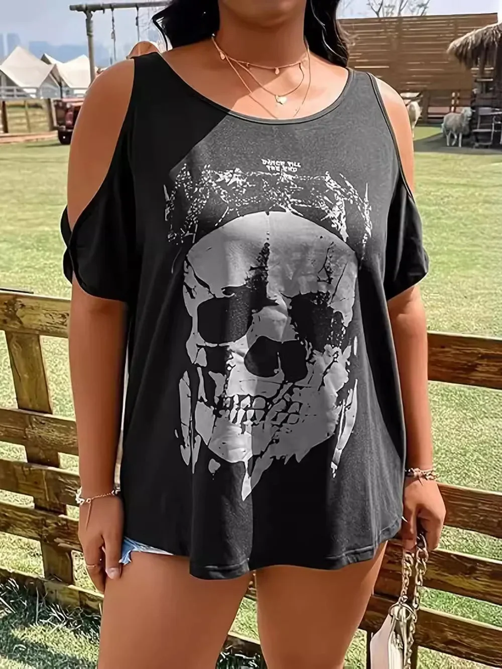 Womens Skeleton Graphic Cold Shoulder T-Shirt