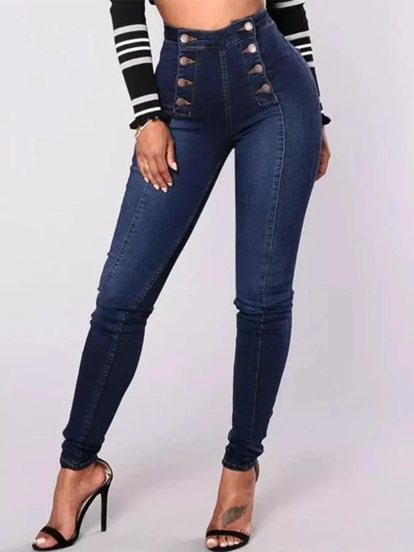 High-Waisted Double-Breasted Skinny Jeans in Dark Blue