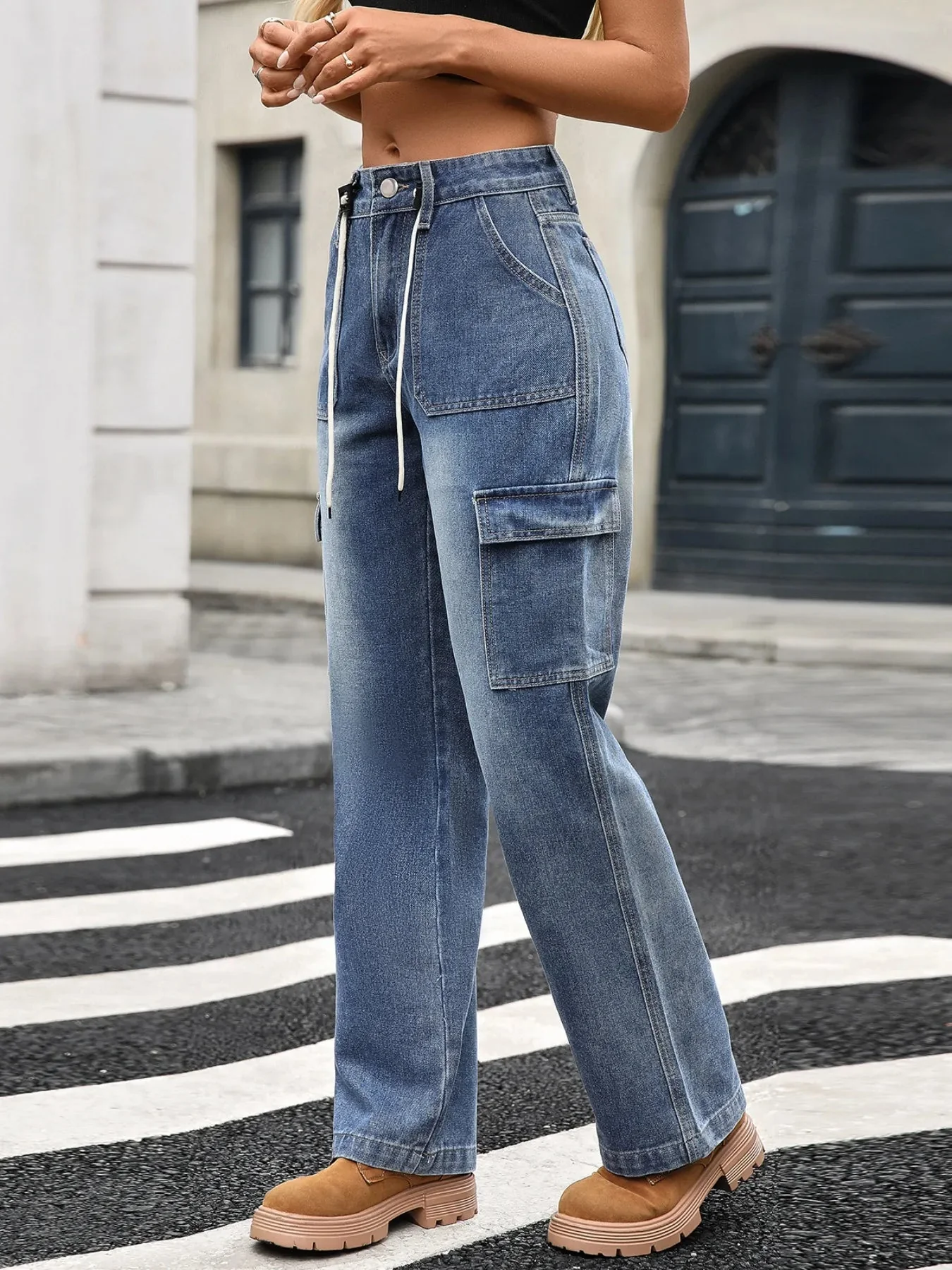 Drawstring Cargo Denim Jeans