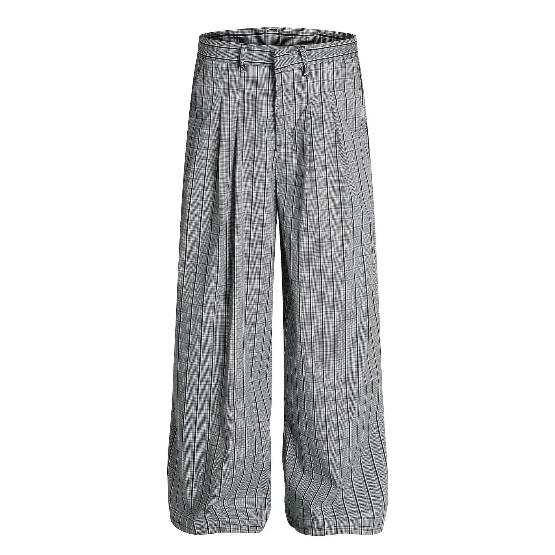 Textured Wide Leg Pants for Men - Gray Plaid