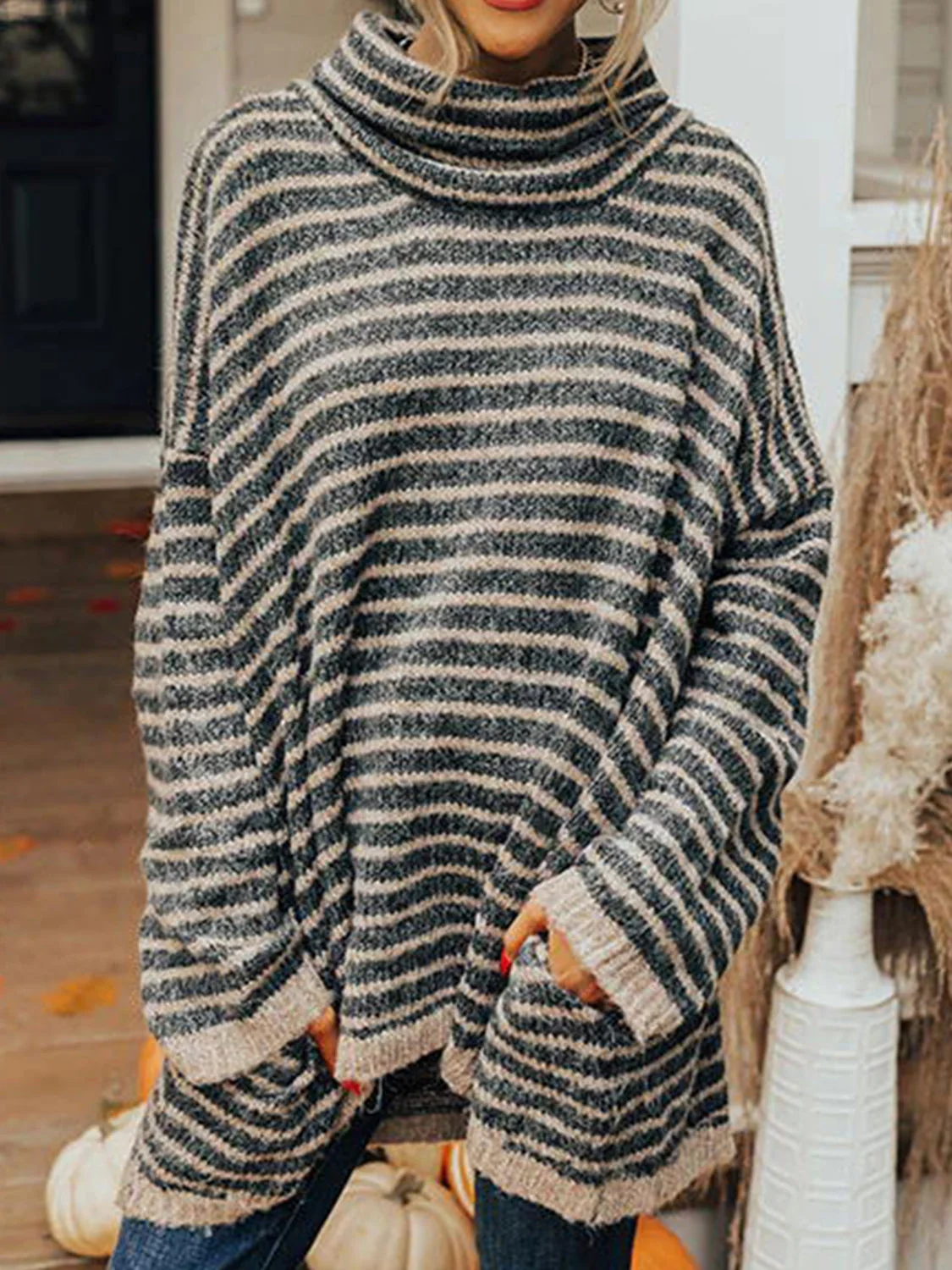 Cozy Striped Turtleneck Sweater with Pockets