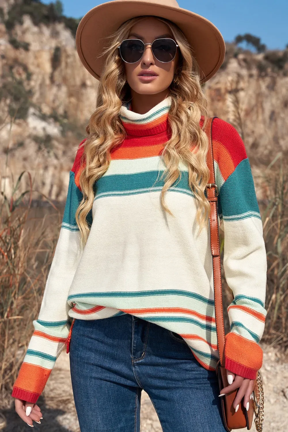 Striped Turtleneck Sweater - Soft Acrylic Knitwear