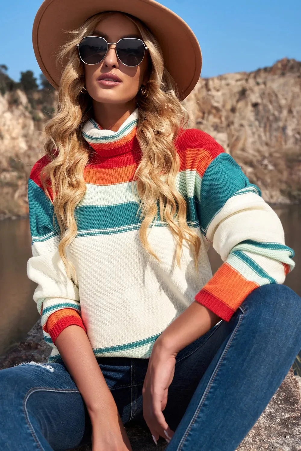 Striped Turtleneck Sweater - Soft Acrylic Knitwear