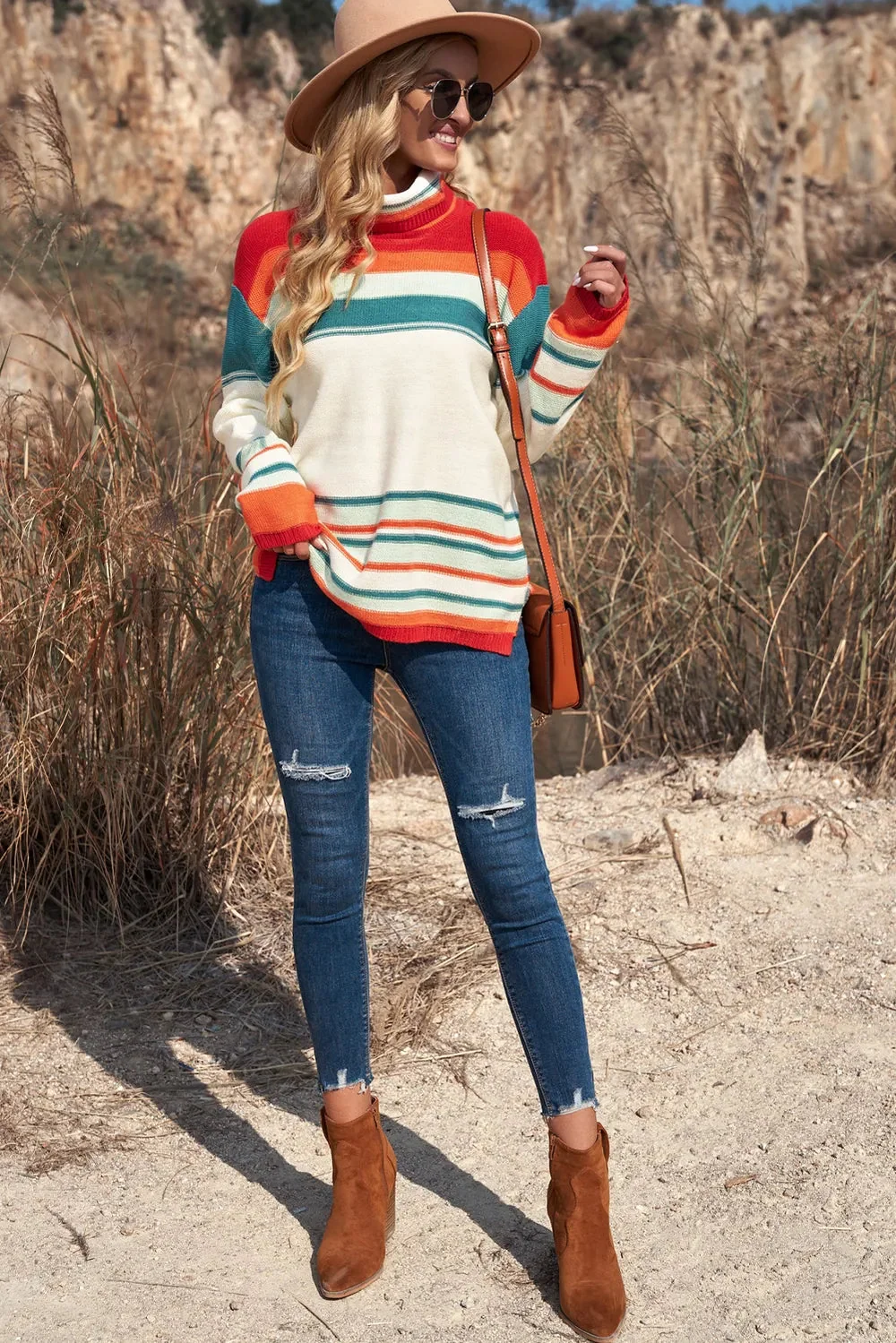 Striped Turtleneck Sweater - Soft Acrylic Knitwear