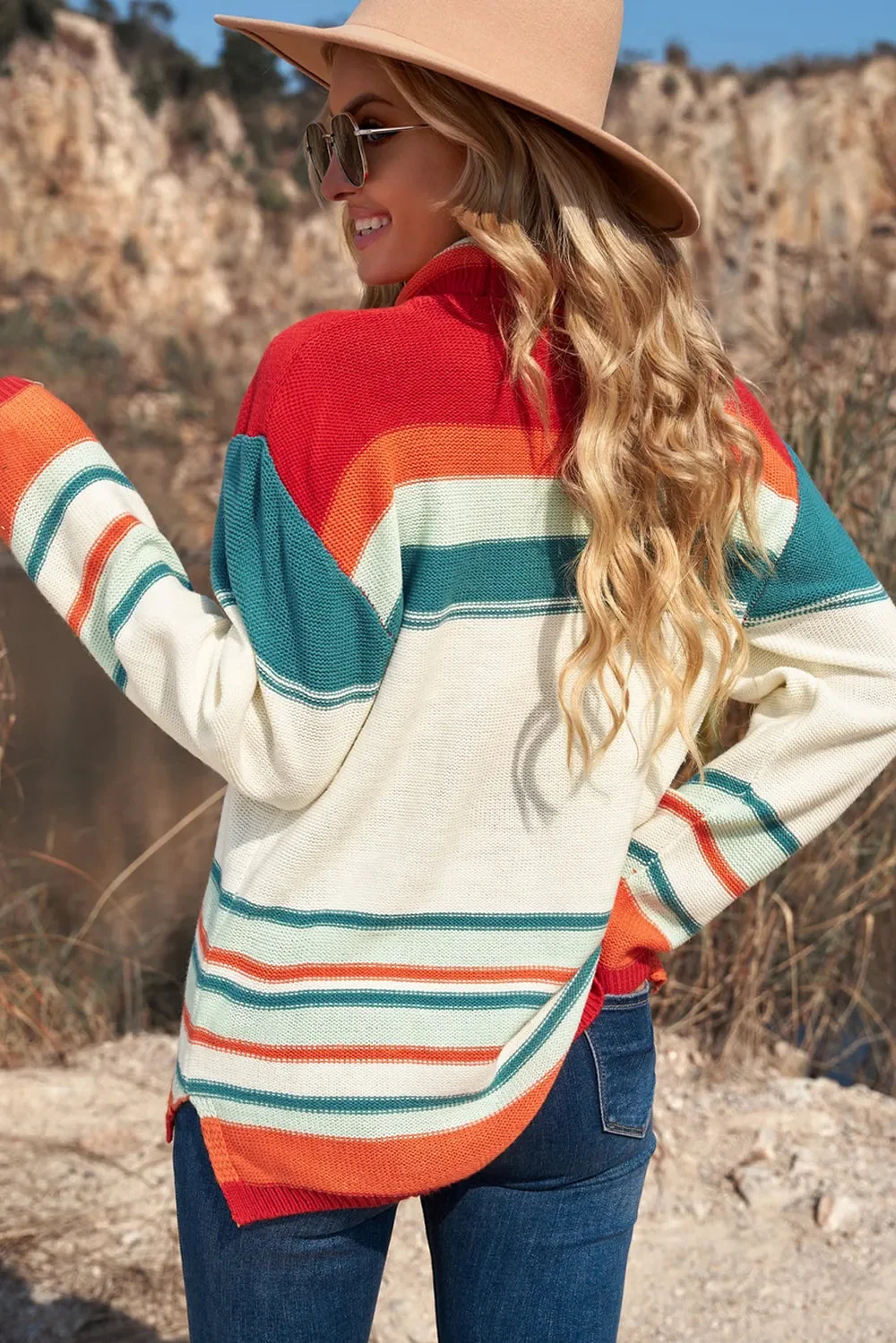 Striped Turtleneck Sweater - Soft Acrylic Knitwear