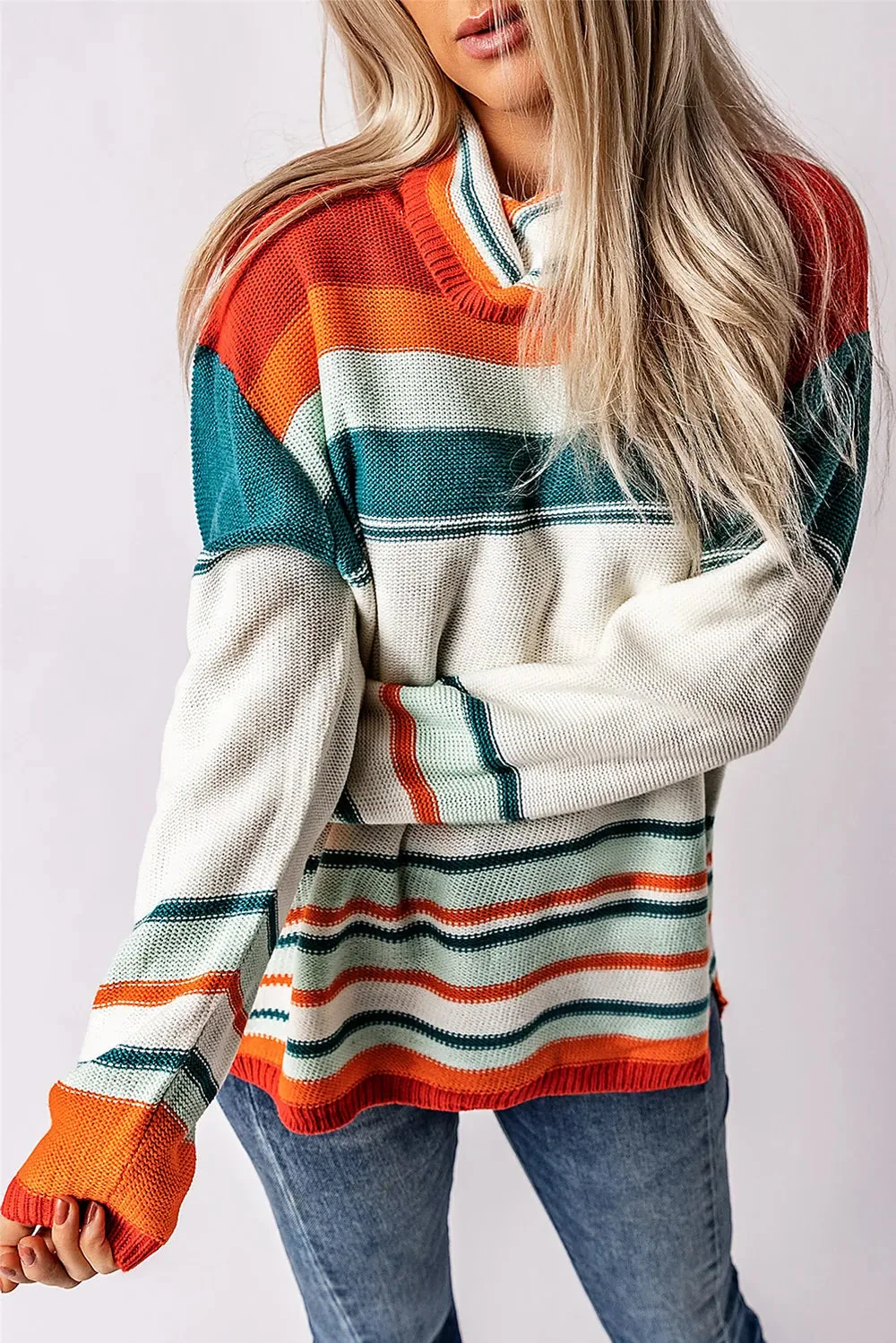 Striped Turtleneck Sweater - Soft Acrylic Knitwear