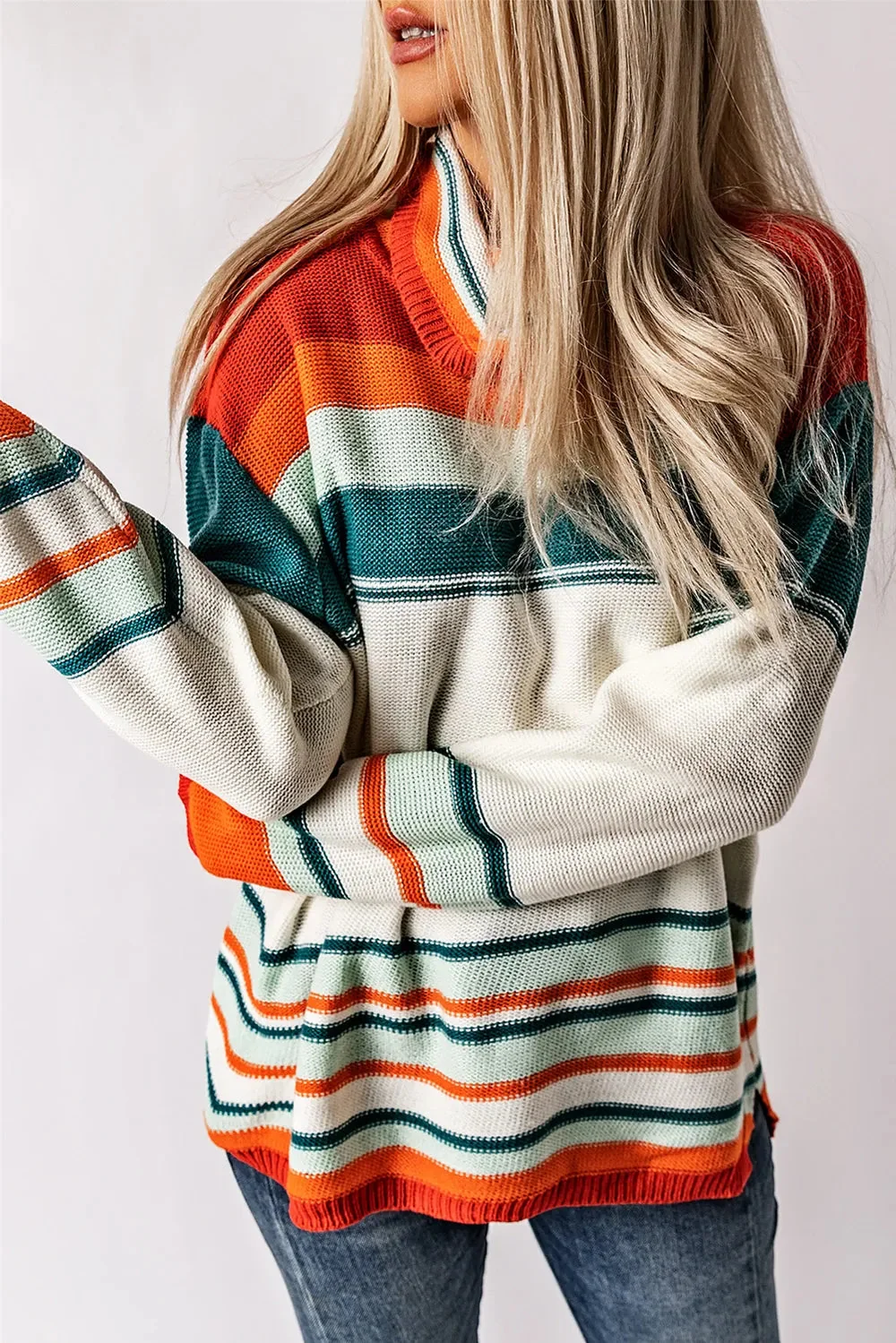 Striped Turtleneck Sweater - Soft Acrylic Knitwear