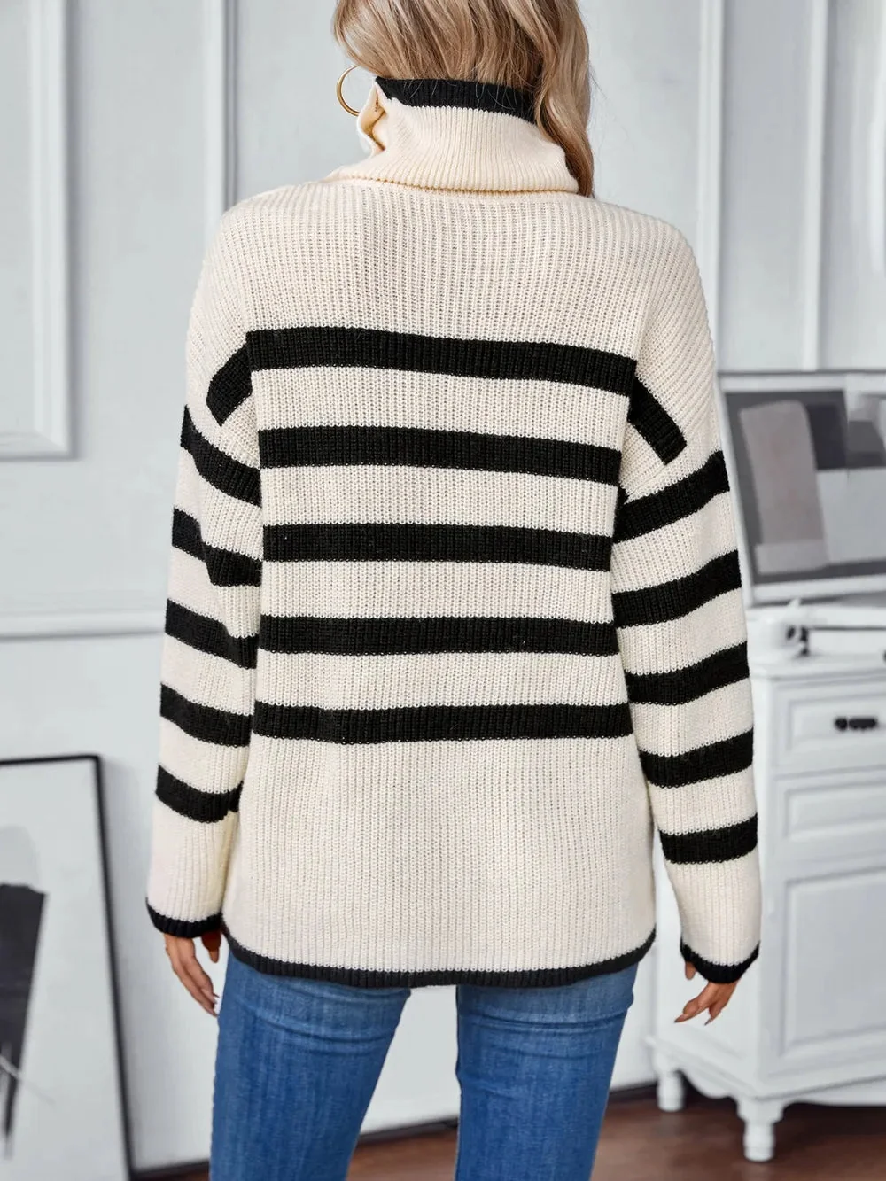 Striped Knit Long Sleeve Sweater in Cream