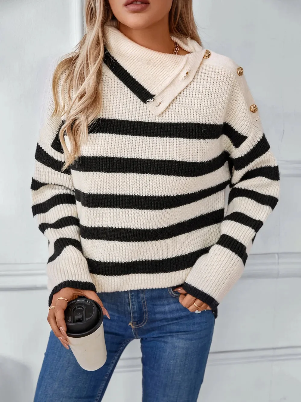 Striped Knit Long Sleeve Sweater in Cream