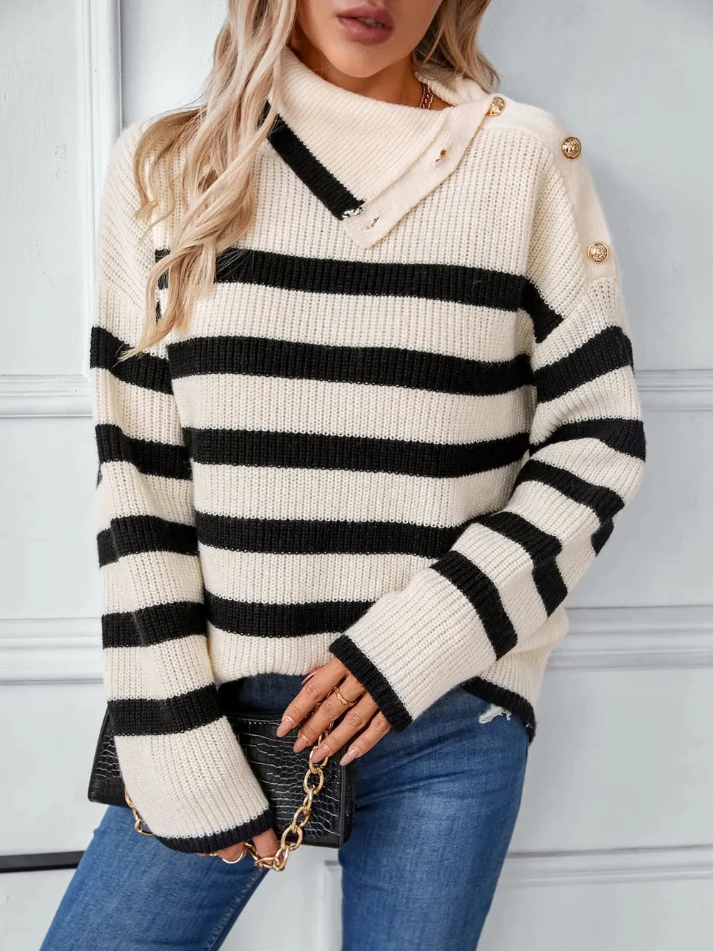 Striped Knit Long Sleeve Sweater in Cream