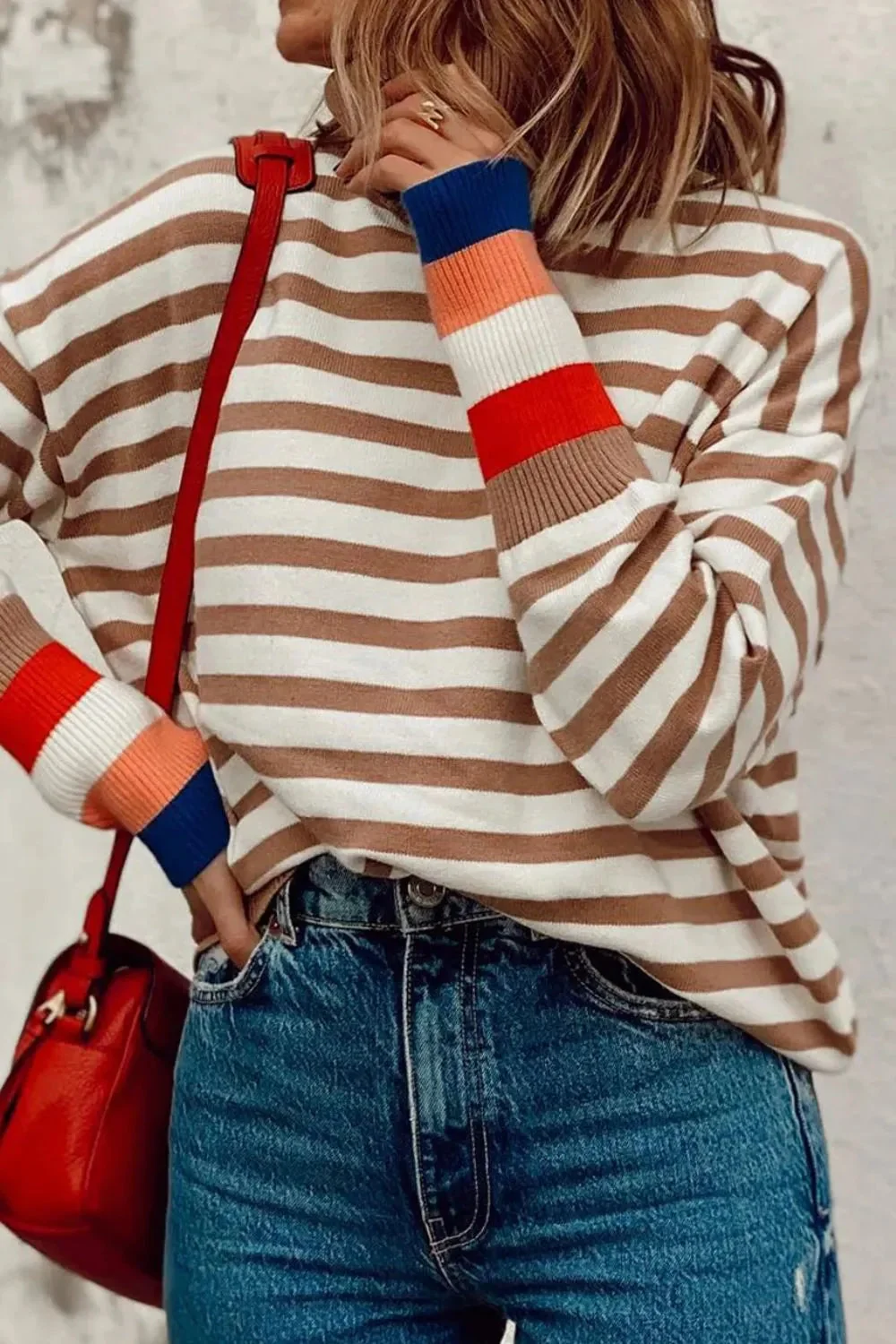 Taupe Striped Long Sleeve Turtleneck Sweater