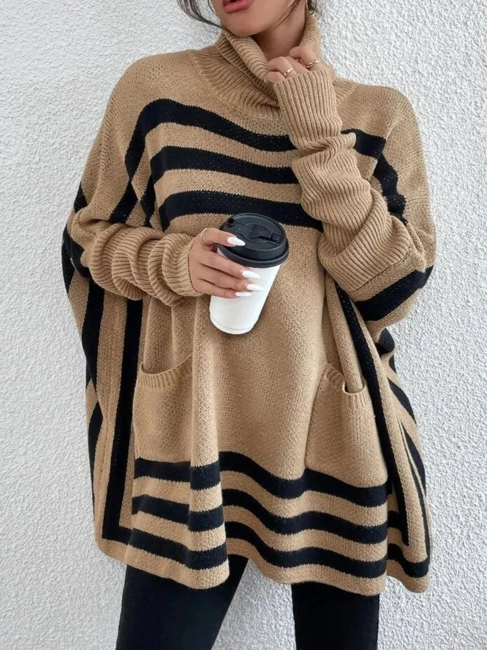 Striped Turtleneck Sweater with Batwing Sleeves and Pockets