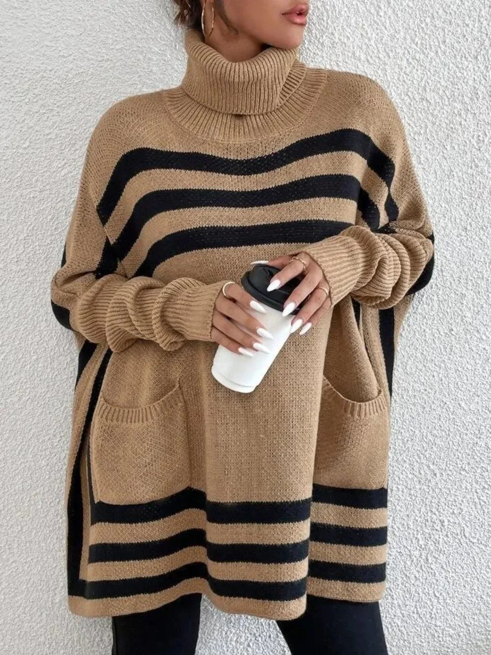 Striped Turtleneck Sweater with Batwing Sleeves and Pockets